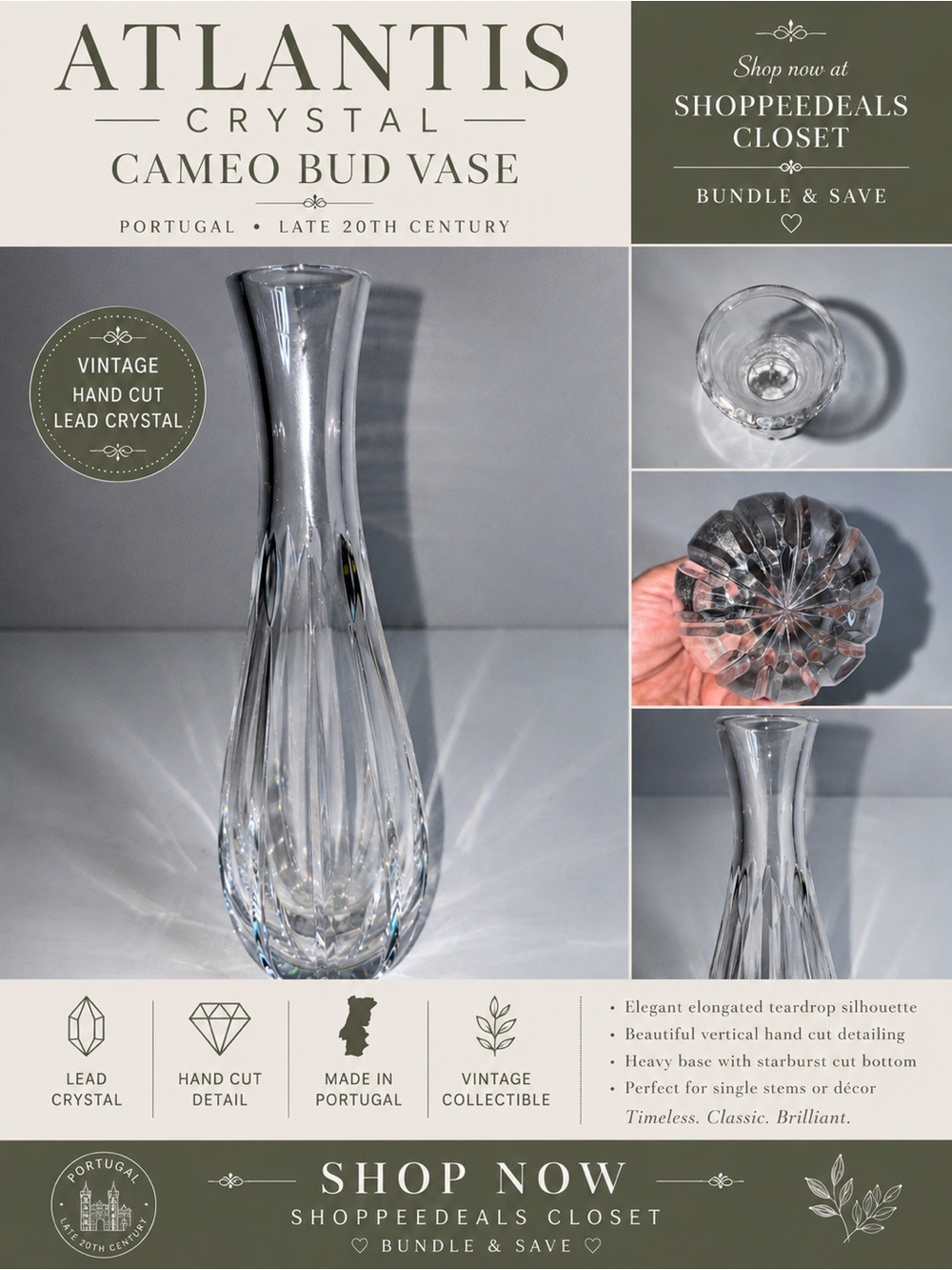 Vintage Atlantis Crystal Cameo Bud Vase Hand Cut Lead Crystal Portugal 8”